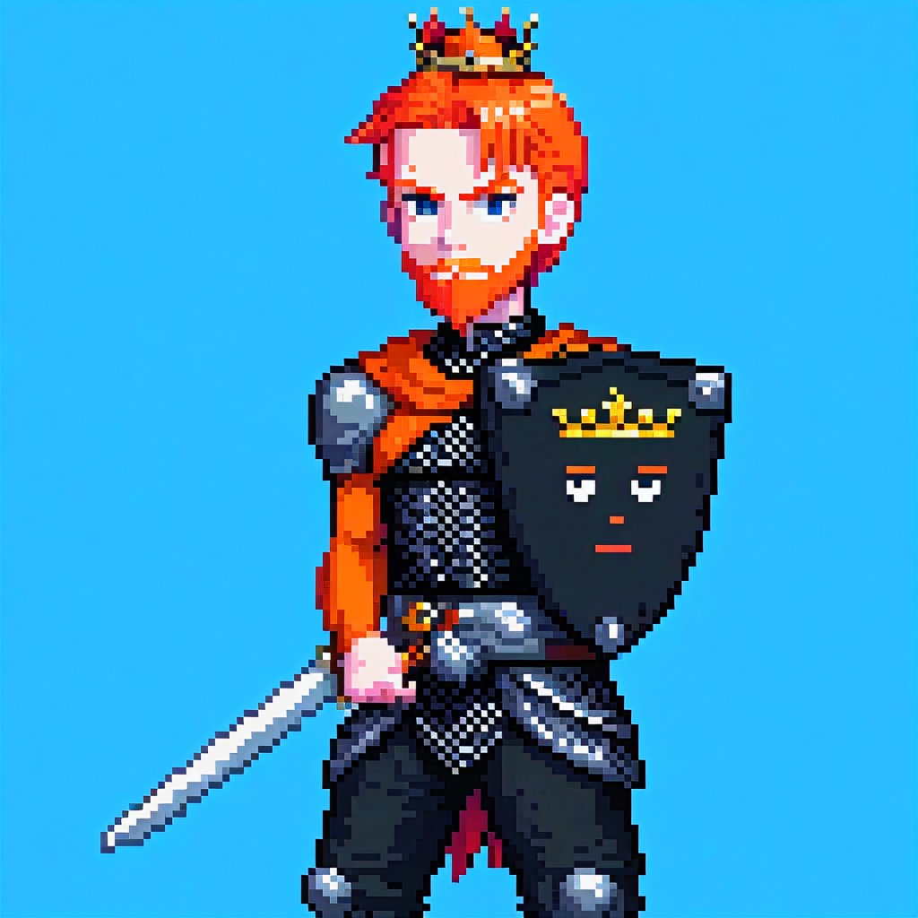 king, orange hair, shield, black chainmail armor, 35-years, (anime), crown, beard,  sword, sheathed, weapon on hip, sword inside sheath, good pixel art,pixel art,pixel,16 bit