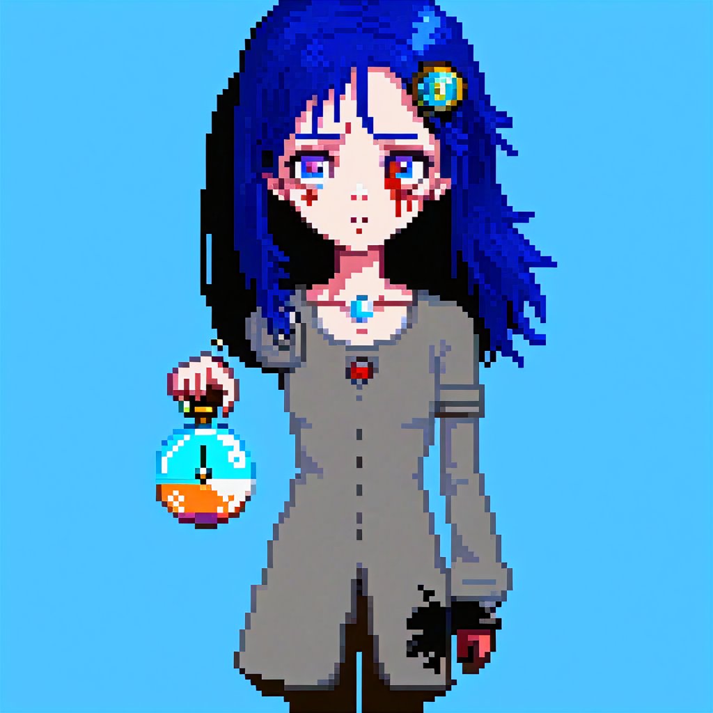 hypnotist zombie woman, blue hair, (((hypnotizing holding a pendulum))), 20-years, (anime), disheveled, blood on the face, bored, oversize clothes, amulet, good pixel art,pixel art,pixel,16 bit,