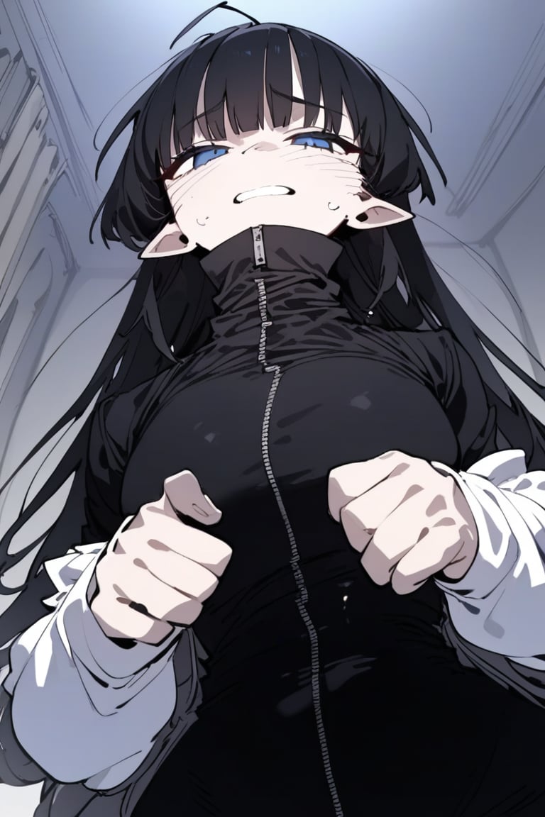 1girl, solo, black hair, long hair, upper body, masterpiece, best quality, very aesthetic, absurdres,gotou hitori, sagawa, fucking, masterpiece, high quality, only black hair, rubber suit clothes, feel disgusting, blue eyes, censored, tickled by feather