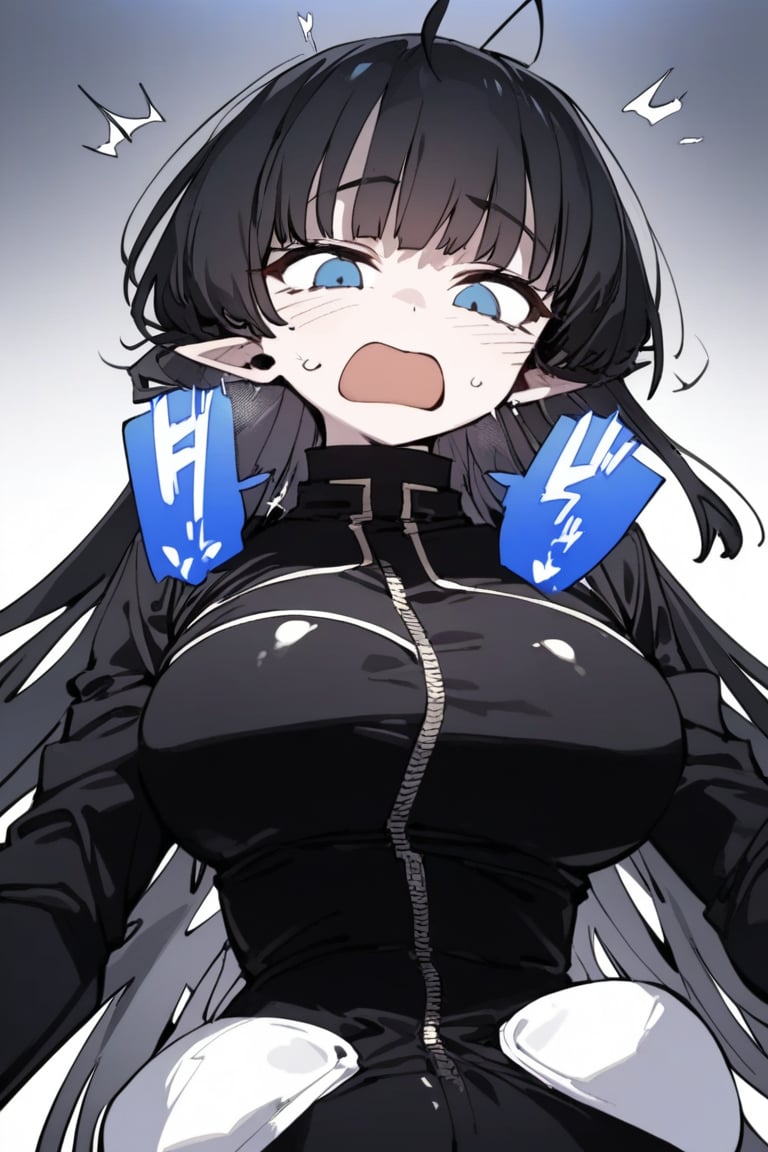 1girl, solo, black hair, long hair, upper body, masterpiece, best quality, very aesthetic, absurdres,gotou hitori, sagawa, fucking, masterpiece, high quality, only black hair, rubber suit clothes, feel disgusting, blue eyes, censored, tickled by feather, feel sexually good