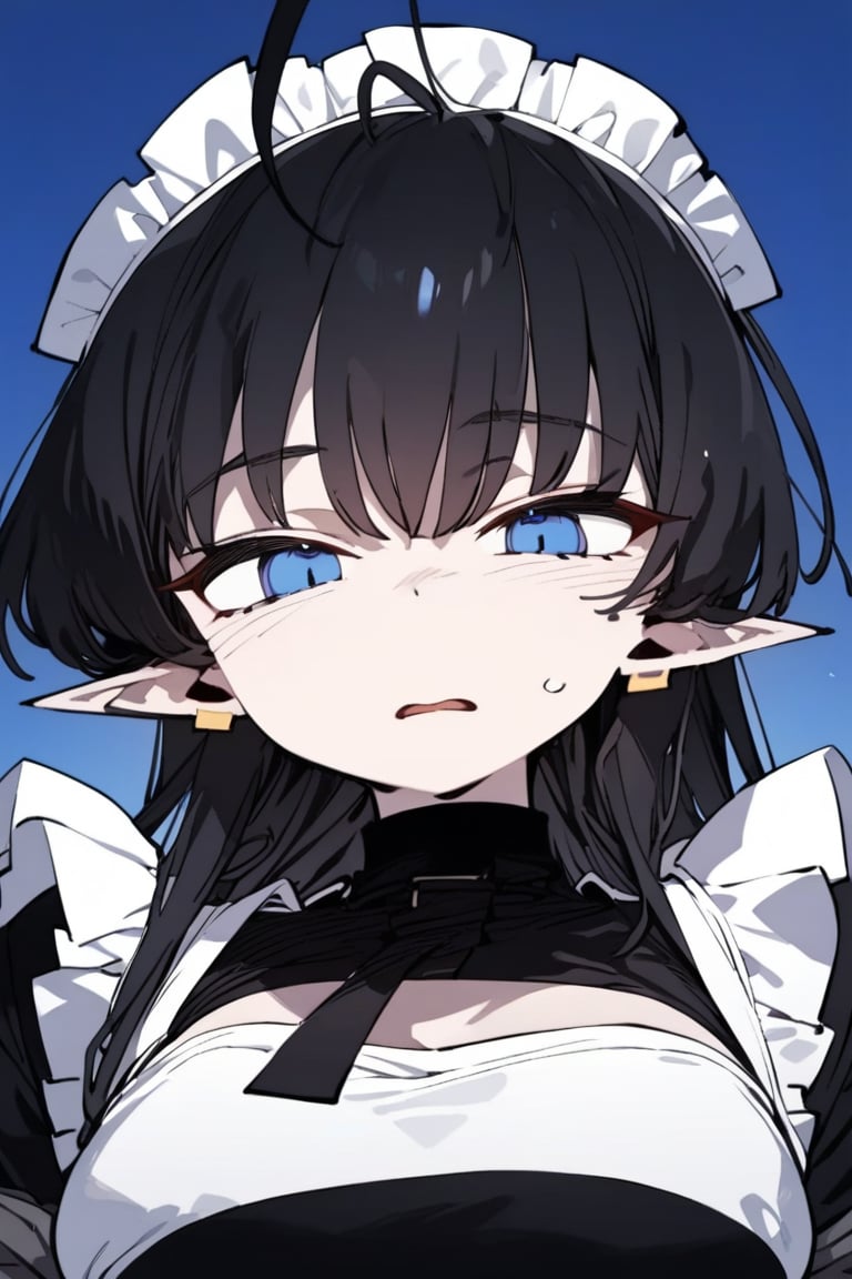 1girl, solo, black hair, long hair, upper body, masterpiece, best quality, very aesthetic, absurdres,gotou hitori, sagawa, fucking, masterpiece, high quality, only black hair, maid clothes, feel disgusting, blue eyes, censored