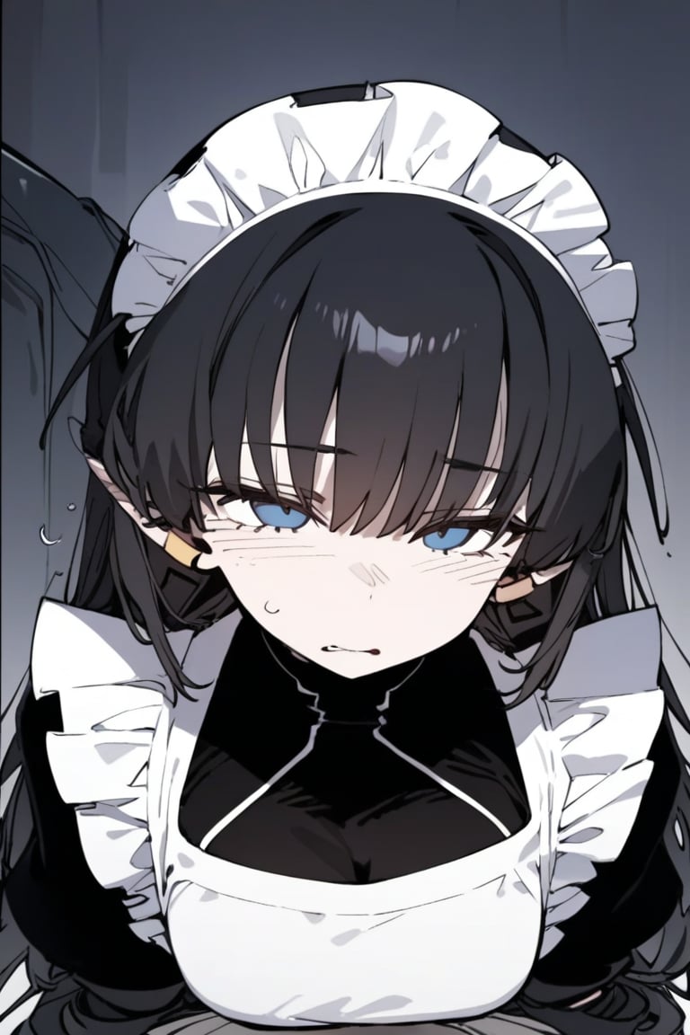 1girl, solo, black hair, long hair, upper body, masterpiece, best quality, very aesthetic, absurdres,gotou hitori, sagawa, fucking, masterpiece, high quality, only black hair, maid clothes, feel disgusting, blue eyes, censored, shy