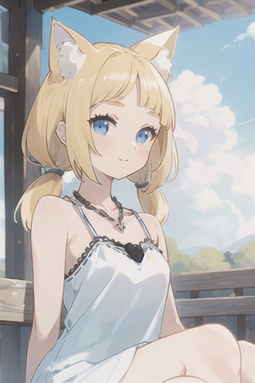 masterpiece, best quality, ultra-detailed, score_9, score_8_up, score_7_up, 

,(blunt bangs:1.3),(very short bangs:1.5),(forehead:1.2),blonde hair, 1girl,
low twintails, round eyes, blue eyes, smail,

((nekomimi)) ,Transparent Summer-like camisole dress with lots of lace, blue sky, Cumulonimbus cloud 

,chain on collar, necklace, 

japan, countryside, spa, hot_spring,onsen
