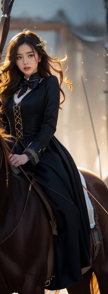 a young woman,looking at the camera, posing,ulzzang, streaming on twitch, character album cover,black moment,style of bokeh, witch dress, ,moody lighting,appropriate comparison of cold and warm, hair over one eye, bow on head, reality,idol,Beauty,beauty,Holding a crossbow, riding a horse