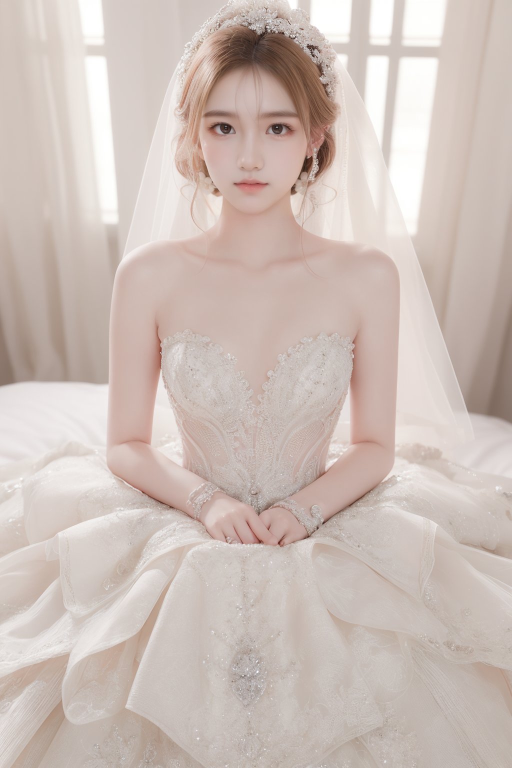 beautiful bride,blonde hair, she is wearing beautiful short wedding dress, heels,accesories,she on bed,,face lighting,Best Quality, 32k, photorealistic, ultra-detailed, finely detailed, high resolution, perfect dynamic composition, beautiful detailed eyes, sharp-focus, cowboy shot,,bridal veil,wedding dress,wedding_dress,
