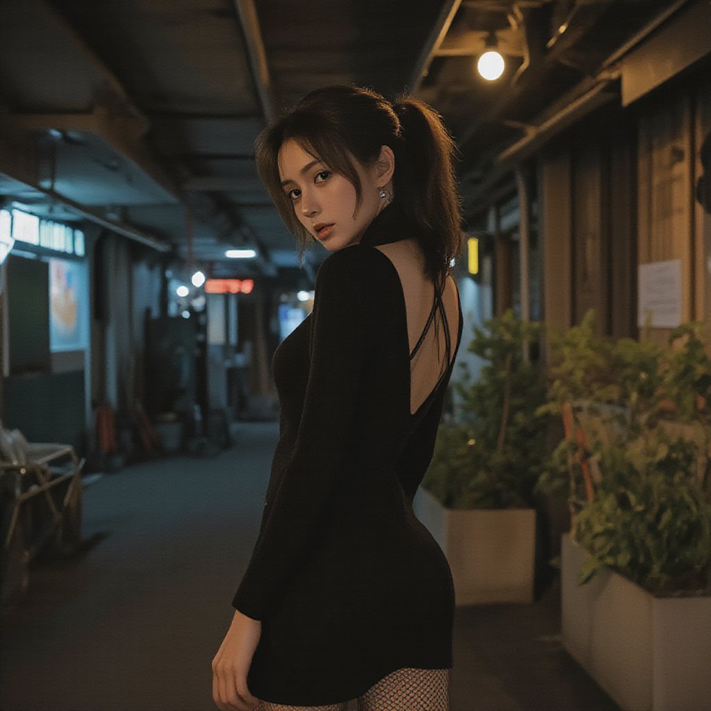 A mysterious, raven-haired woman with a ponytail and olive-toned skin stands in a dimly lit, dystopian alleyway, reminiscent of Ridley Scott's Blade Runner, with a mix of high-contrast shadows and muted neon hues. She wears a black, long-sleeved dress, fishnet stockings, and exudes an air of quiet intensity. Soft, golden light spills from a lone, overhead sodium vapor lamp, casting an eerie glow on her determined expression, while the surrounding darkness is punctuated by the faint, cool blue glow of distant LED advertisements, imbuing the scene with a sense of foreboding and tension, as captured on 35mm film with a gritty, cinematic texture and subtle film grain.