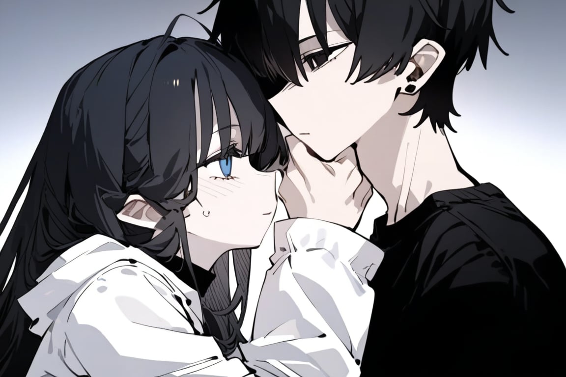 1girl and 1 boy, solo, black hair, long hair, upper body, masterpiece, best quality, very aesthetic, absurdres,gotou hitori, sagawa, masterpiece, high quality, only black hair, girl is blue eyes, and boy is black eyes, boy is wearing hood, and girl is wering white shirts, sweet love, romantic relationship