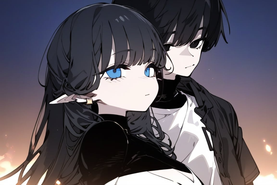 1girl and 1 boy, solo, black hair, long hair, upper body, masterpiece, best quality, very aesthetic, absurdres,gotou hitori, sagawa, masterpiece, high quality, only black hair, girl is blue eyes, and boy is black eyes, boy is wearing black hood, and girl is wering white shirts, sweet love, romantic relationship