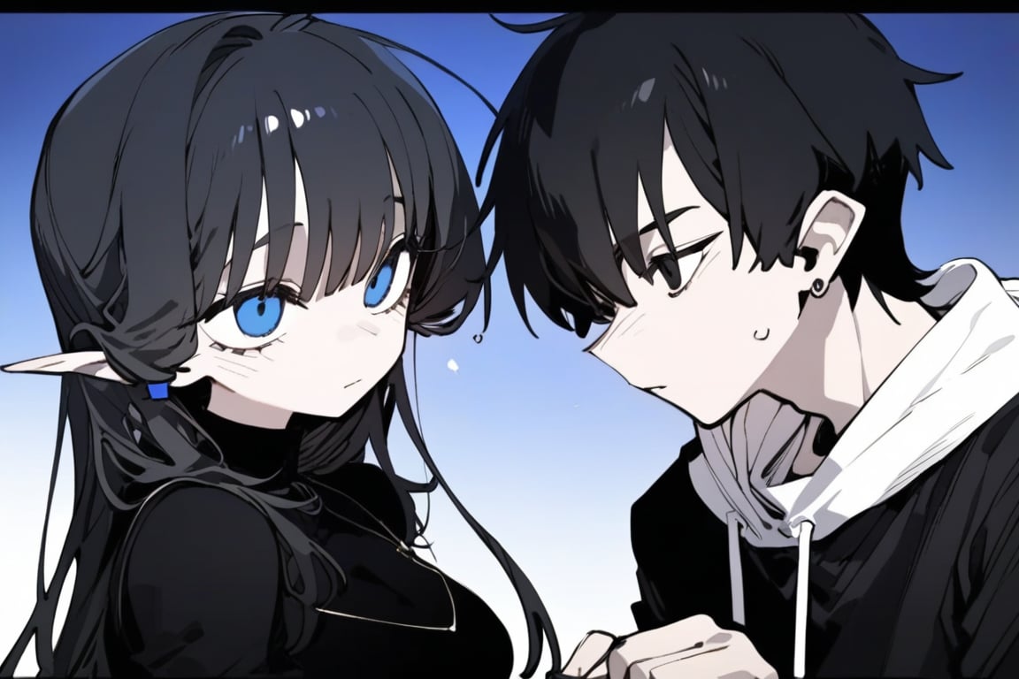 1girl and 1 boy, solo, black hair, long hair, upper body, masterpiece, best quality, very aesthetic, absurdres,gotou hitori, sagawa, masterpiece, high quality, only black hair, girl is blue eyes, and boy is black eyes, boy is wearing black hood, and girl is wering white shirts, sweet love, romantic relationship