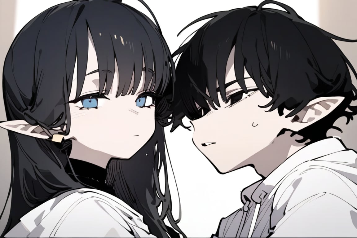 1girl and 1 boy, solo, black hair, long hair, upper body, masterpiece, best quality, very aesthetic, absurdres,gotou hitori, sagawa, masterpiece, high quality, only black hair, girl is blue eyes, and boy is black eyes, boy is wearing hood, and girl is wering white shirts, sweet love, romantic relationship