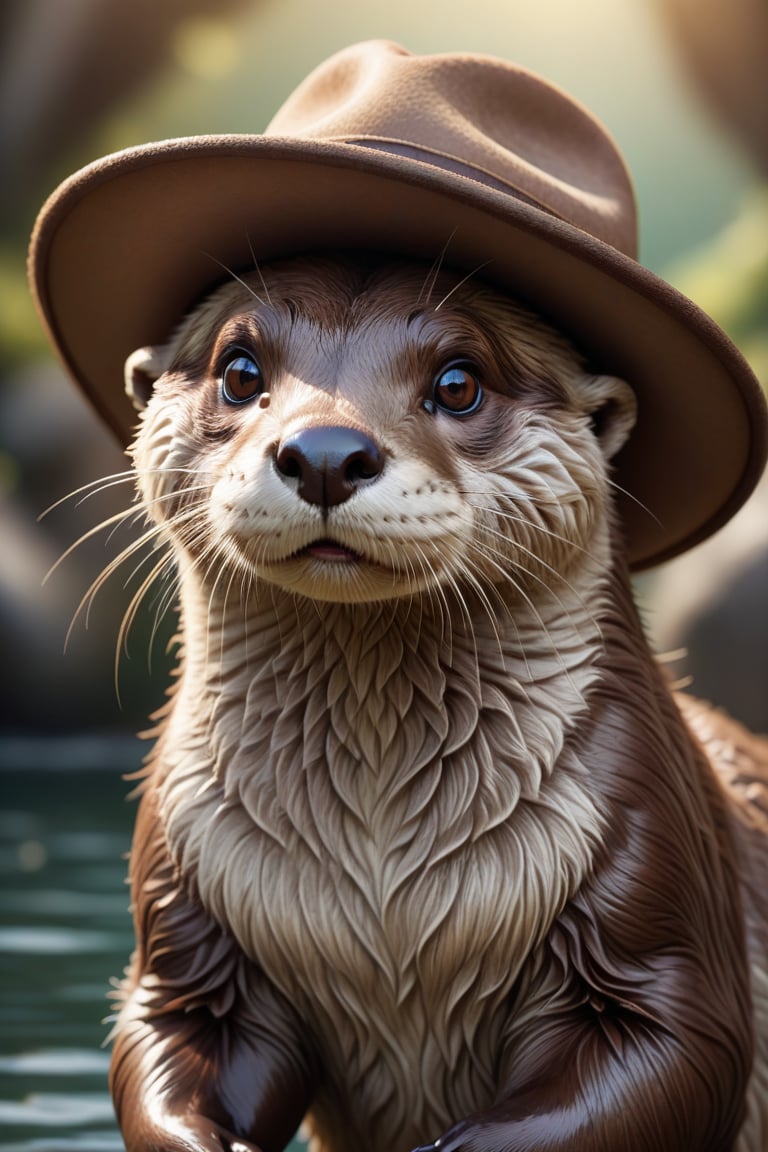 otter with wide brimmed hat.illustration,highly detailed,detailed background,artwork,beautiful brown eyes,brown fur