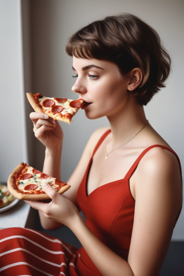 photography of a 20yo woman,short hair,  masterpiece, red_dress with white stripes, eating  slice of pizza in hand
,photorealistic,analog,realism