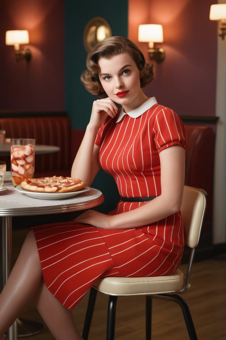 "A scene in a 50s Dinners depicts a girl sitting on a table, short hair, captured in a full-body shot. The european girl is looking directly towards the camera, with a relaxed expression.
photography of , 1girl, 20yo woman,short hair,  masterpiece, red_dress with white stripes, eating  slice of pizza in hand,The atmosphere of the place is filled  with soft lights and background creating a cozy and vibrant ambiance
,photorealistic,analog,realism