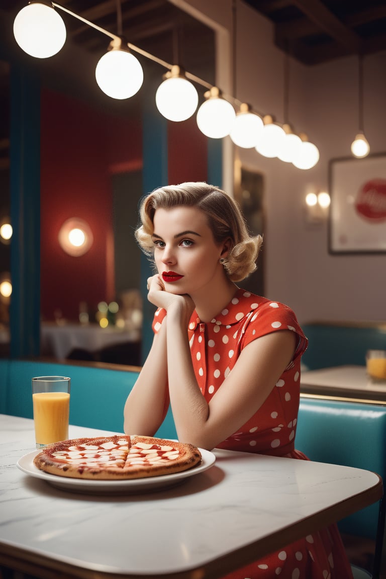 "A scene in a 50s Dinners depicts a girl sitting on a table, short hair, captured in a full-body shot. The european girl is looking directly towards the camera, with a relaxed expression.
photography of , 1girl, 20yo woman,short hair,  masterpiece, red_dress with white stripes, eating  slice of pizza in hand,The atmosphere of the place is filled  with soft lights and background creating a cozy and vibrant ambiance
,photorealistic,analog,realism,better photography