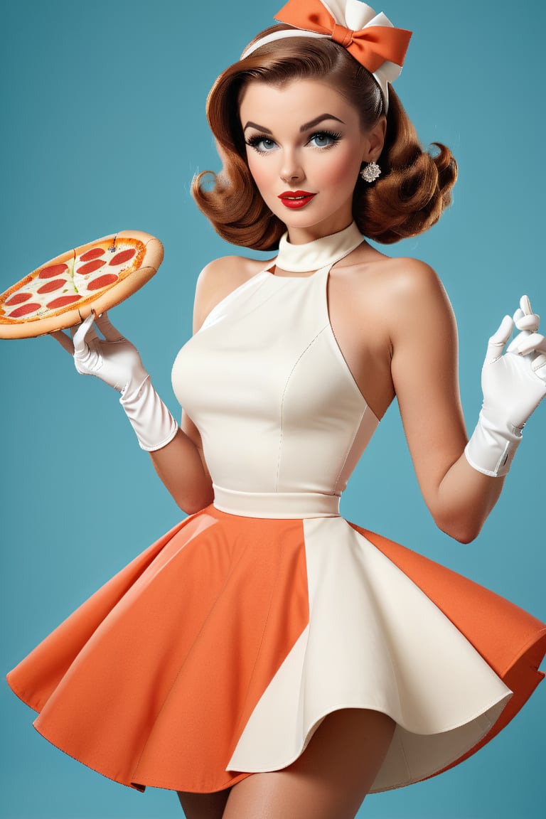 A stunning retro-inspired poster featuring a beautiful pin-up model in a 1960s fashion. She is wearing a classic white halter-neck dress with a full skirt and white gloves, accessorized with a chic pillbox hat. The main focus is her holding a slice of pizza, a playful twist on the typical pin-up look. The colors are vibrant and reminiscent of the 1960s era, with a touch of modern flair in the photograph., photo, fashion, product, poster,DonMM1y4XL,3D