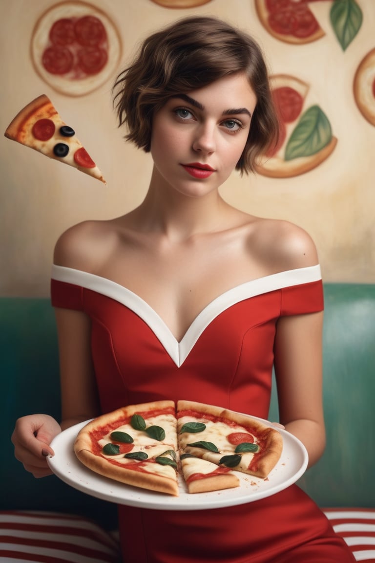 photography of a 20yo woman,short hair,  masterpiece, red_dress with white stripes, with slice of pizza in hand
,photorealistic,analog,realism