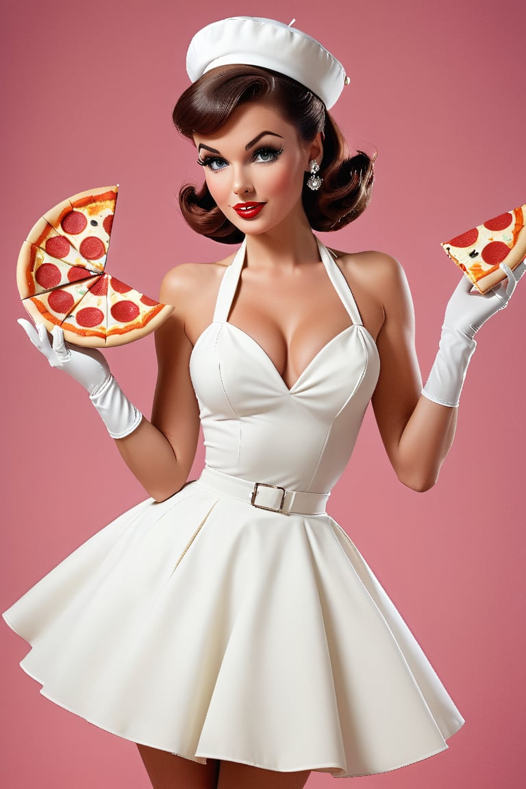 A stunning retro-inspired poster featuring a beautiful pin-up model in a 1960s fashion. She is wearing a classic white halter-neck dress with a full skirt and white gloves, accessorized with a chic pillbox hat. The main focus is her holding a slice of pizza, a playful twist on the typical pin-up look. The colors are vibrant and reminiscent of the 1960s era, with a touch of modern flair in the photograph., photo, fashion, product, poster,DonMM1y4XL,3D