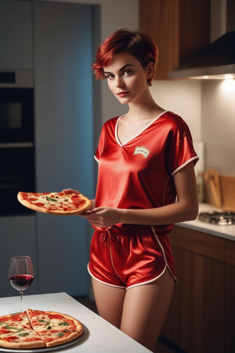 photography of a 20yo woman,short hair,  masterpiece, She is wearing a croped and a very shorts red sexy pijamas, with slice of pizza in hand, full body , standing in a modern kitchen with a glass of wine on the table, evening lights on
,photorealistic,analog,realism