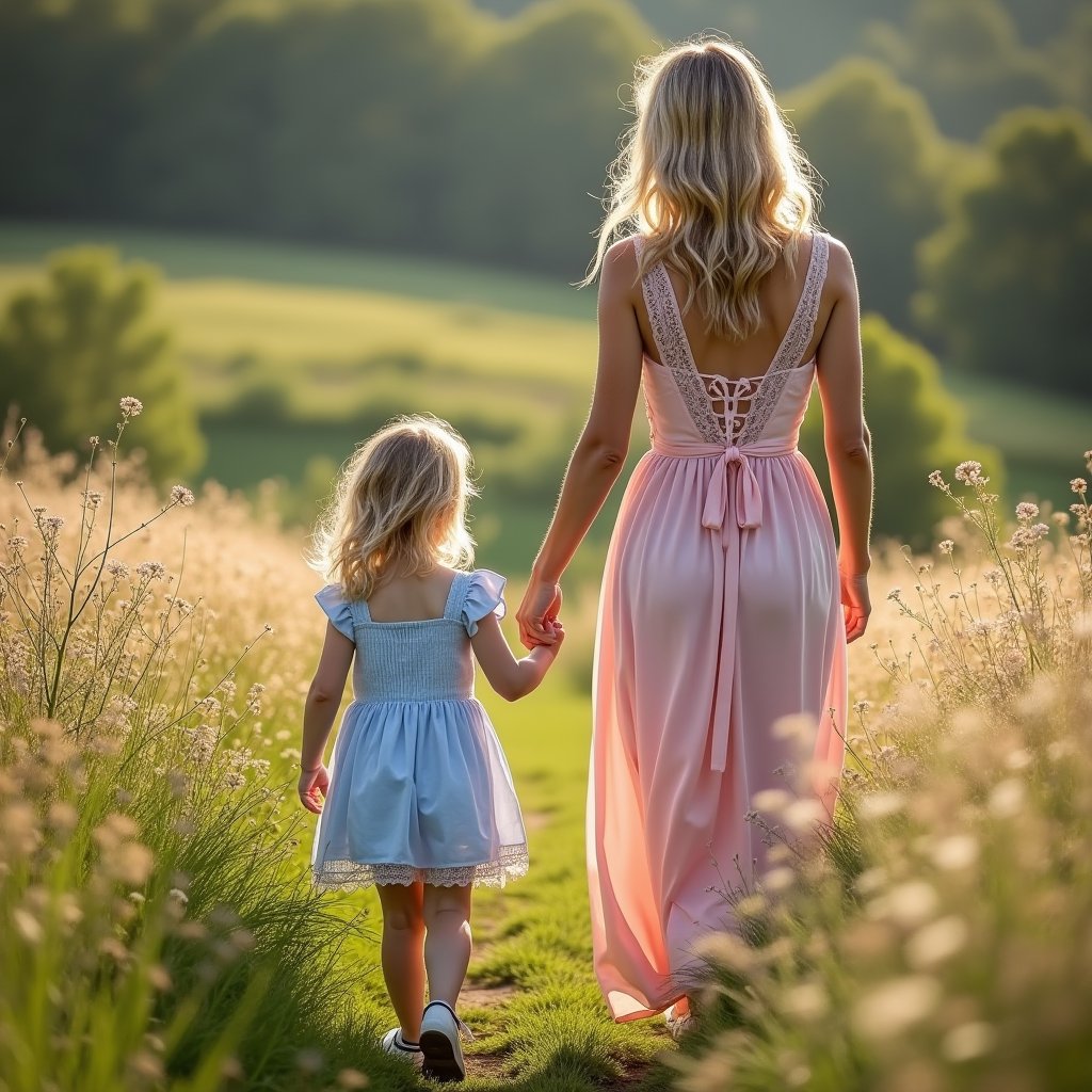 A serene French countryside setting, mid-morning sunlight casting a warm glow on the lush greenery. A stylish French woman, dressed in a flowing, pastel pink dress with lace trim, stands beside her elegantly attired daughter, clad in a matching pale blue frock. They stroll through the rolling hills, surrounded by wildflowers and tall grasses, their golden locks shining under the gentle light.