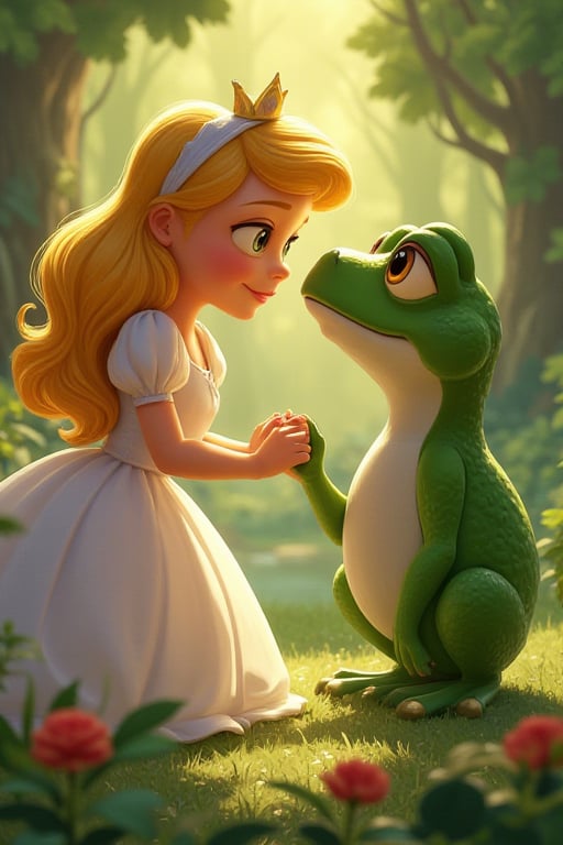 A whimsical illustration depicts an endearing scene: a gentle amphibian prince with a frog-like head, warm golden eyes and soft green skin, tenderly grasps the delicate hand of the enchanting Princess Cinderella. As they gaze into each other's eyes, a deep affection radiates between them, filling the air with sweetness. The princess's golden locks cascade down her back like a river of sunset hues, while the frog prince's fingers intertwine with hers in a tender caress. Soft focus and warm lighting envelop the tender moment, as the lush greenery of a mystical forest provides a romantic backdrop.