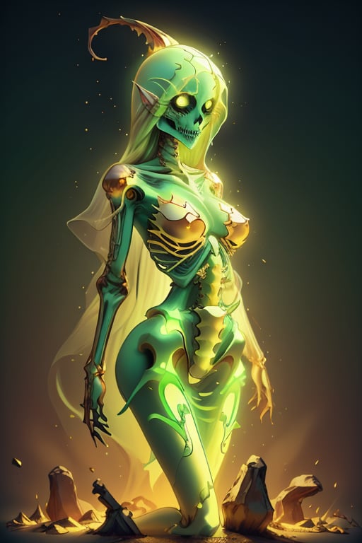 green female alien etherea, beautiful hair,glowing skeleton,glowing gold