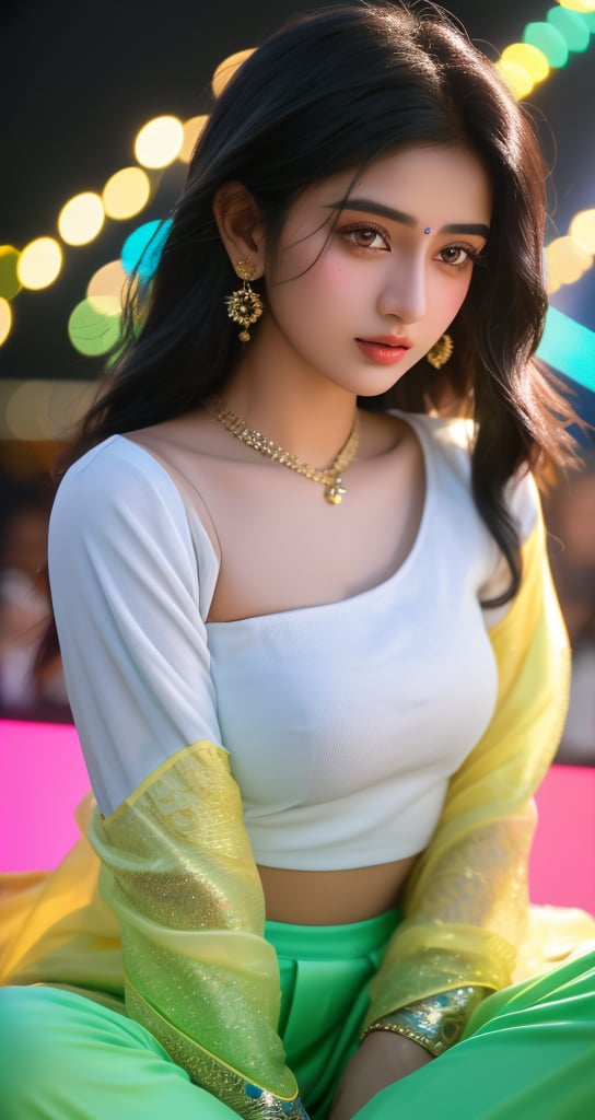 A young Indian woman, 20 years old, with short black hair framing her face and long locks cascading down her back. She sits on a stage, surrounded by bokeh lights, exuding confidence and beauty. Her attire consists of a crisp white shirt and matching trousers. The colors in the image pop against the dark background, as she celebrates Maatam and Zangeer Zani during Moharram. A photorealistic portrait, with a color splash style that brings out the vibrant hues.