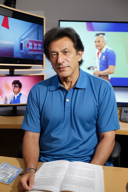 Imran Khan, a 70-year-old individual with a warm and genuine smile, sits comfortably in a news room studio. He wears a blue-shirt adorned with tiny mice embroidered on the fabric, adding a touch of whimsy to his attire. The TV screen in the background displays static, while the words Sahir TV are written prominently across it. Framed by a simple yet elegant studio setup, Imran's presence is warm and inviting, as if he's about to share a story or news update with the audience.