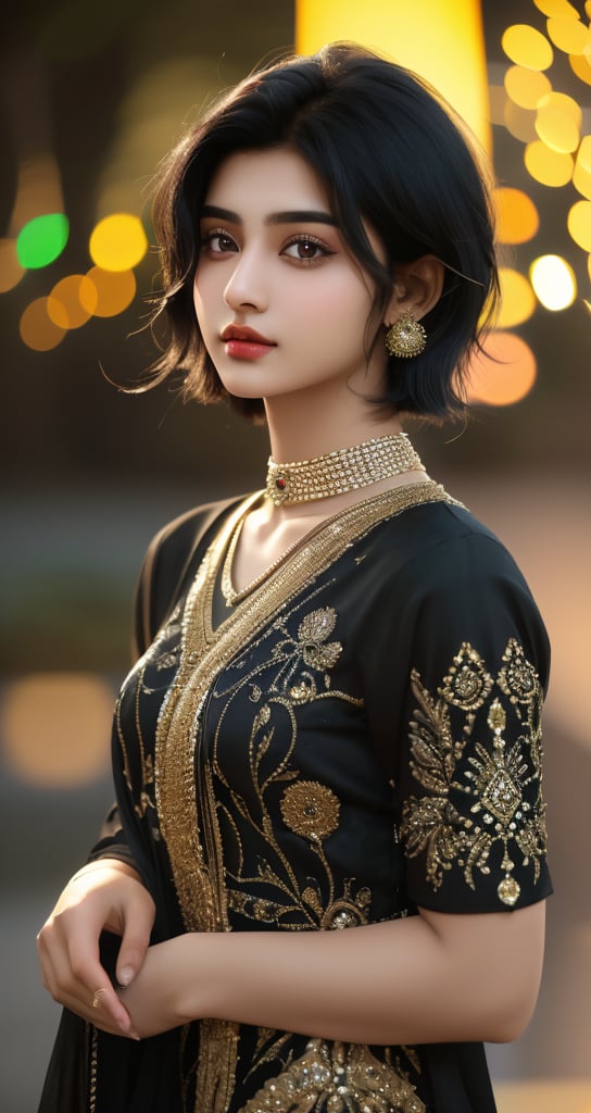 4k,best quality,masterpiece,20yo 1 indian girl, 
muscular fit body, pakistani clothes of black colour , ((short hair with long locks:1.2)), black hair, bokeh, stages, 
real person, color splash style photo,
,Colors,1 girl ,photorealistic