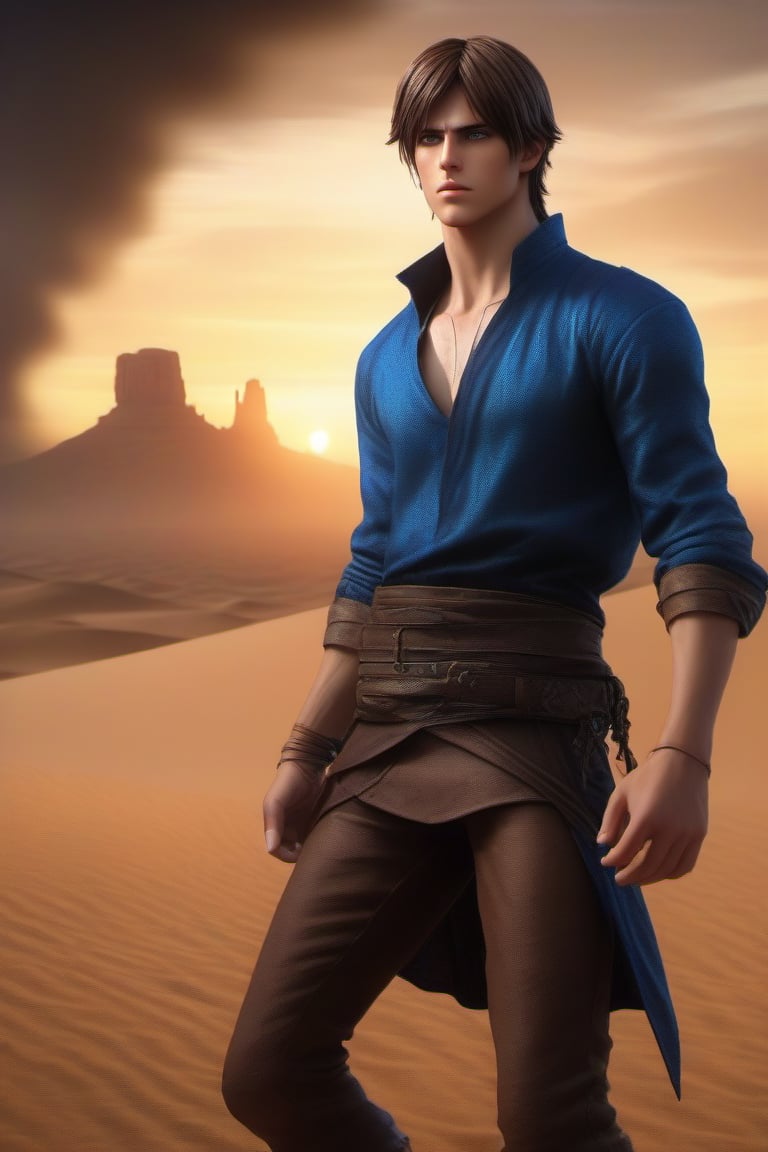 one_boy, tall, white boy, brown hair, tall man, blue dark eyes, best quality, hd, full body, hdr, 4k, black shirt, sexy, beautiful, realistic, eren jeager, beautiful eyes, black pants, realism, fantasy, hd, humanoid, complete body, human, most realistic, 1boy, eren jeager, powerful sorcerer, full body, dark blue eyes, desert behind, mix of fantasy and realism, special effects, fantasy, ultra HD, HDR, 4K,  long hair, 
