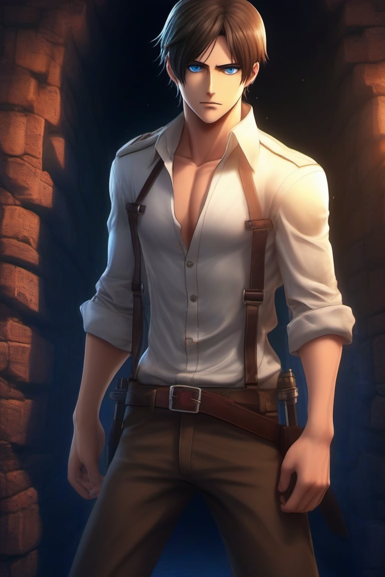 one_boy, tall, white boy, brown hair, tall man, blue dark eyes, best quality, hd, full body, hdr, 4k, black shirt, sexy, beautiful, realistic, eren jeager, beautiful eyes, black pants, realism, fantasy, hd, humanoid, complete body, human, most realistic, 1boy, eren jeager, powerful sorcerer, full body, dark blue eyes, big walls behind, realism, special effects, ultra HD, HDR, 4K, long hair, whitout shirt, attack on titan