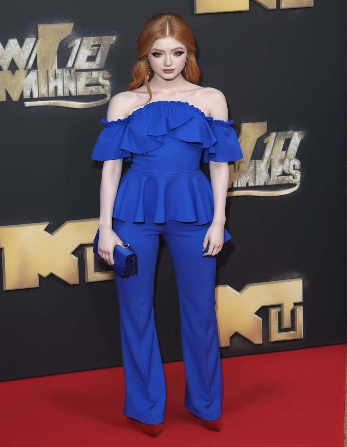 Katherine McNamara wears a electric blue cold-shoulder ruffle peplum top with the matching trousers.