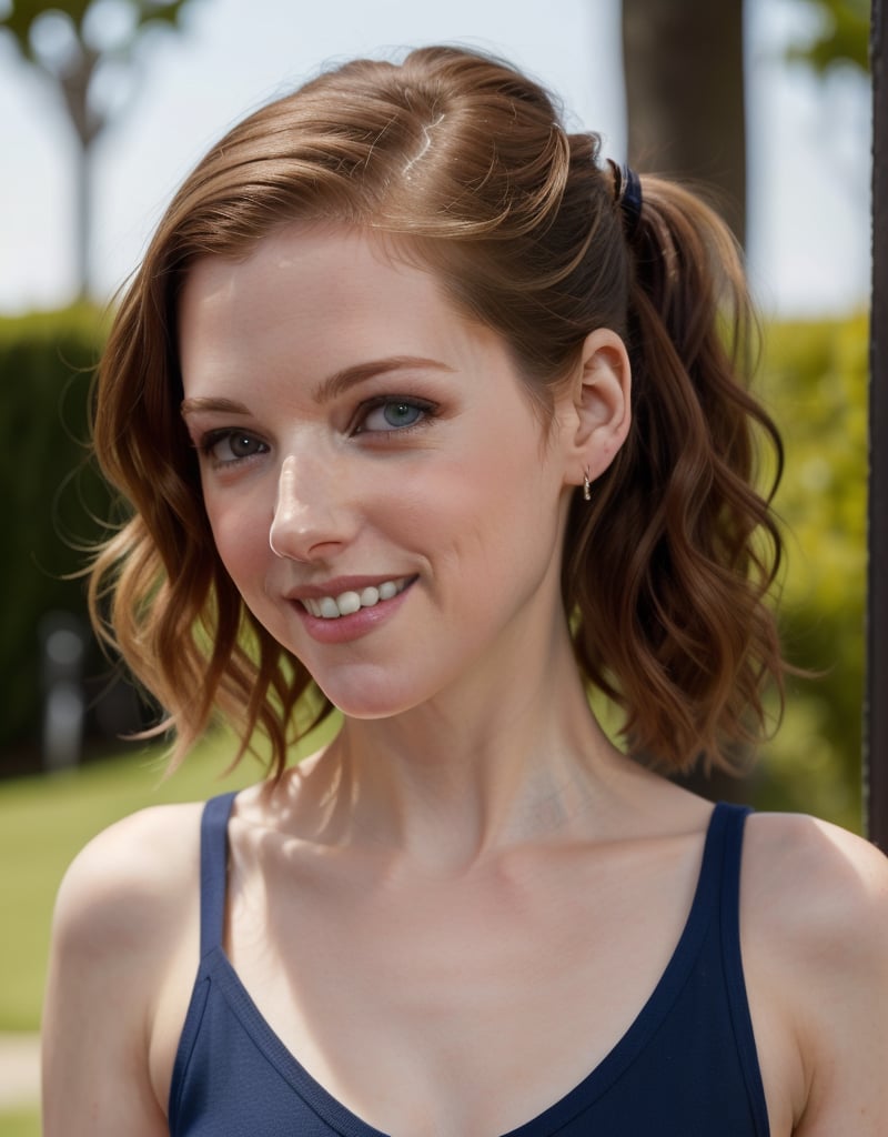 Anna Kendrick's whimsical smile brightens up a sunny afternoon as she gazes directly into the camera, her curly brown locks tied back in a sleek ponytail, framing her heart-shaped face. Soft focus and warm natural light accentuate her radiant complexion, with a subtle gradient of shadows adding depth to her features.