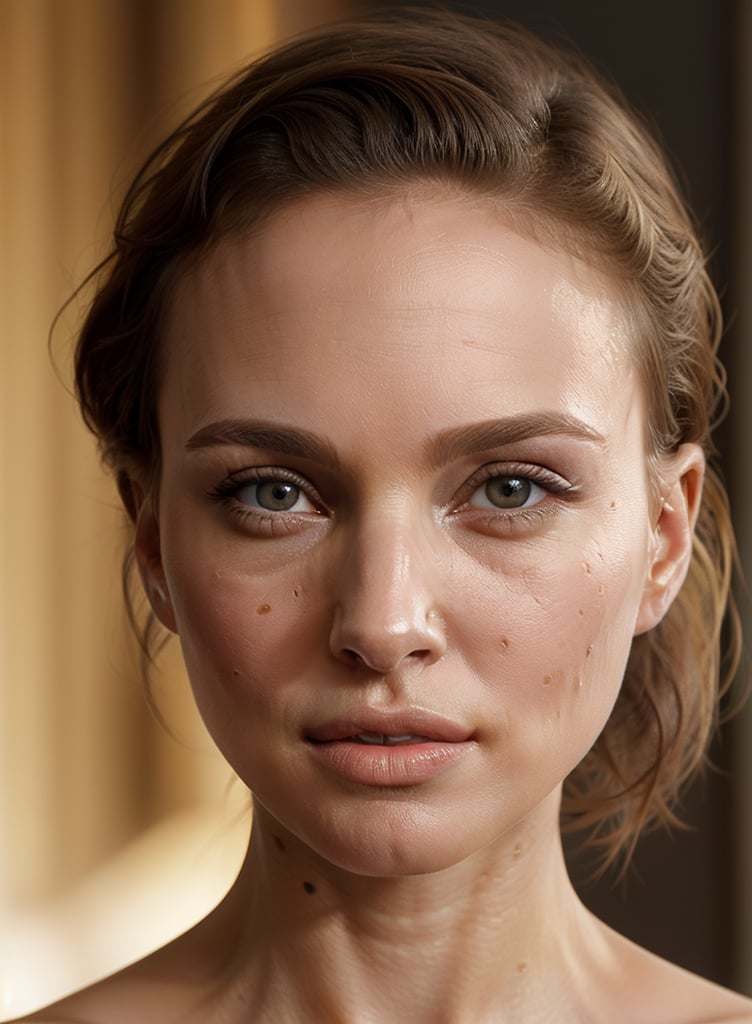 A close-up shot of Natalie Portman's scalp, lit with a warm, golden light, highlighting every detail of her newly shaved bald head. The camera frames her face, focusing on the smooth, unadorned skin, with a subtle shadow on the forehead and temples. Her eyes, still expressive, gaze directly into the lens, conveying a sense of vulnerability and confidence.