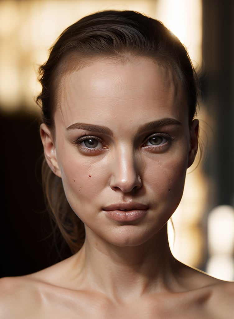 A close-up shot of Natalie Portman's scalp, lit with a warm, golden light, highlighting every detail of her newly bald head. The camera frames her face, focusing on the smooth, unadorned skin, with a subtle shadow on the forehead and temples. Her eyes, still expressive, gaze directly into the lens, conveying a sense of vulnerability and confidence.