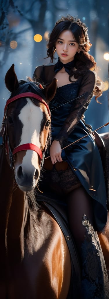 a young woman,looking at the camera, posing,ulzzang, streaming on twitch, character album cover,black moment,style of bokeh, witch dress, ,moody lighting,appropriate comparison of cold and warm, hair over one eye, bow on head, reality,idol,Beauty,beauty,Holding a crossbow, riding a horse