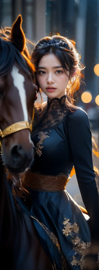 a young woman,looking at the camera, posing,ulzzang, streaming on twitch, character album cover,black moment,style of bokeh, witch dress, ,moody lighting,appropriate comparison of cold and warm, hair over one eye, bow on head, reality,idol,Beauty,beauty,Holding a crossbow, riding a horse