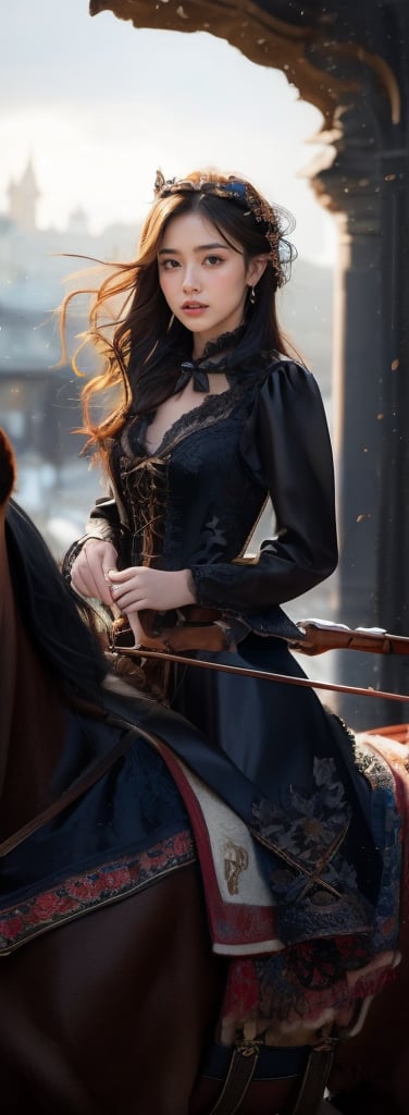 a young woman,looking at the camera, posing,ulzzang, streaming on twitch, character album cover,black moment,style of bokeh, witch dress, ,moody lighting,appropriate comparison of cold and warm, hair over one eye, bow on head, reality,idol,Beauty,beauty,Holding a crossbow, riding a horse