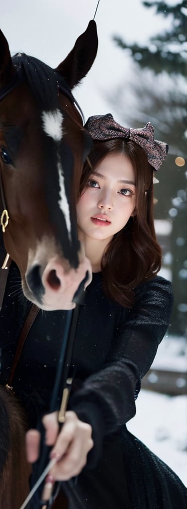 a young woman,looking at the camera, posing,ulzzang, streaming on twitch, character album cover,black moment,style of bokeh, witch dress, ,moody lighting,appropriate comparison of cold and warm, hair over one eye, bow on head, reality,idol,Beauty,beauty,Holding a crossbow, riding a horse