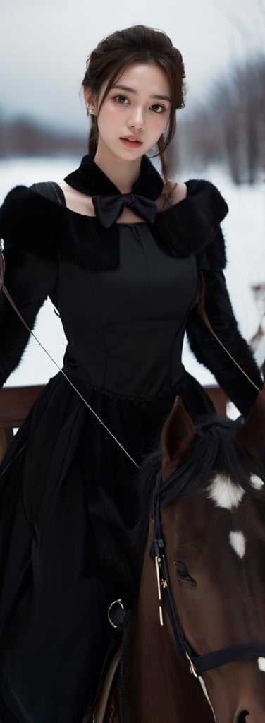 a young woman,looking at the camera, posing,ulzzang, streaming on twitch, character album cover,black moment,style of bokeh, witch dress, ,moody lighting,appropriate comparison of cold and warm, hair over one eye, bow on head, reality,idol,Beauty,beauty,Holding a crossbow, riding a horse