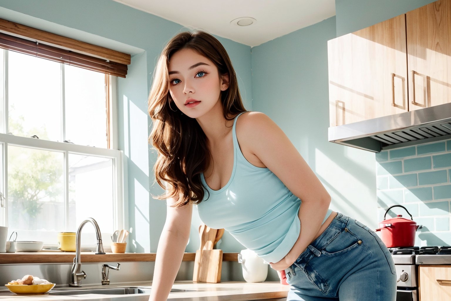 Here's your photorealistic prompt:

A 23-year-old woman with piercing baby blue eyes and long blonde hair styled consistently throughout stands confidently in a bright, airy kitchen. She wears a trendy white tank top and high-waisted distressed denim jeans, her toned legs and arms on full display. Her defined nose and symmetrical eyes shine under the soft morning light streaming through the windows. The camera captures her flawless complexion from a slight overhead angle, emphasizing her athletic build as she leans against the kitchen island, hand resting on the counter.