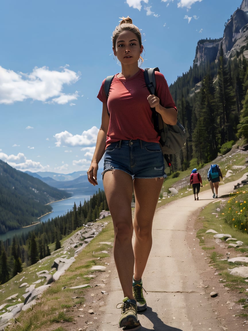 : photorealistic 21-year-old female influencer with blue eyes and perfect blonde hair tied in a high ponytail. She is hiking on a trail, wearing outdoor gear suitable for hiking. The photo captures her full body, including legs, enjoying a scenic mountain view. Other hikers are seen in the background, exploring the trail."ffocus all detail on hands focus detail on feet focus detail body focus all detail on focus all detal on shadow focus all detail on ears focus deal on hair focus all deatail on textures focus detail sun rays fous all detail on reay traced on envirmonment focus all detail on vehicles remove on background blur completely fockus detal on sky focus all detail on clothes focus all detail on accessories focus all detail on buildings and house focus all detail on grass put way more detail in to face put way more detail in to eyes put way more detail in to lips put way more detail in to mouth put way more detail intoroads put way more detail in to vehicles put way more detail into sky put way more detail into clouds remove alll gltiches and bugs remove all texture issues fix eyes remove texture pop out
