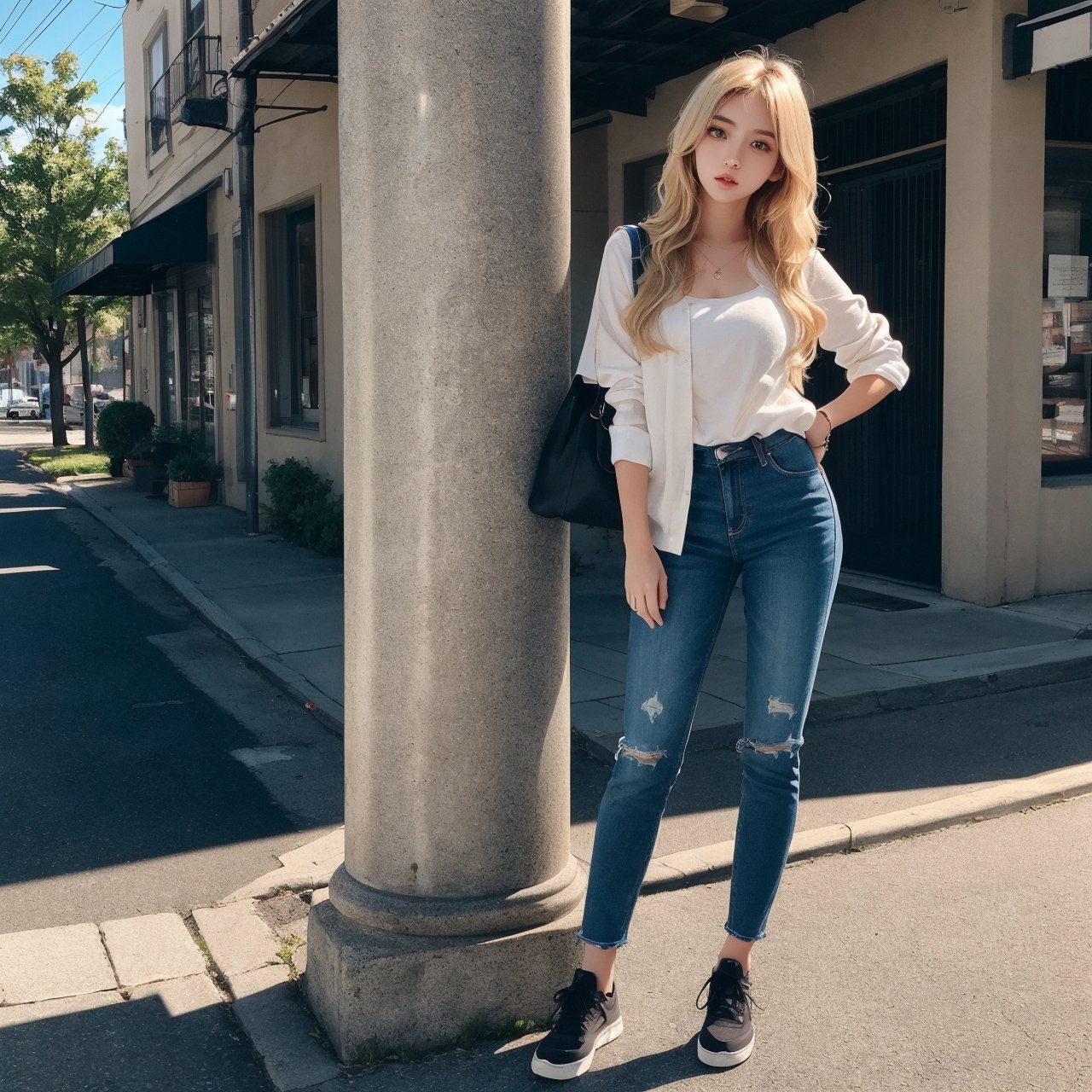 photorealistic instagram model, adorable, 23 year old girl, blue eyss, blonde hair, full body super quailty ultimate quailty, extreme quailty, realistic lighting, realistic shadows, 8k super quailty, leaning against a street pole
