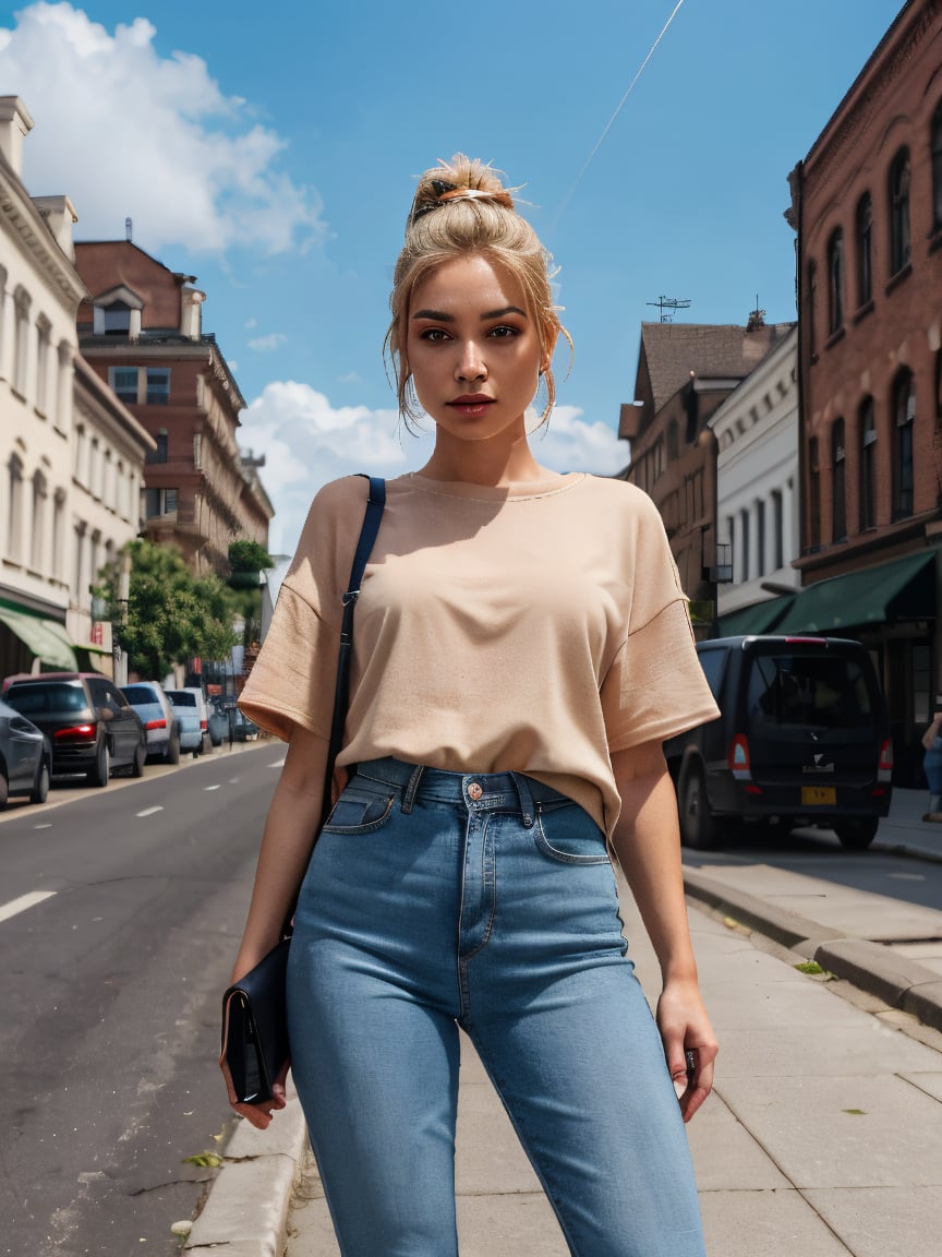 A photorealistic 21-year-old female influencer with blue eyes and perfect blonde hair tied in a high ponytail. She is posing on a city street, wearing a stylish outfit that matches the urban fashion scene. The photo captures her full body, including legs, in a confident pose. Pedestrians and urban buildings are seen in the background."ffocus all detail on hands focus detail on feet focus detail body focus all detail on focus all detal on shadow focus all detail on ears focus deal on hair focus all deatail on textures focus detail sun rays fous all detail on reay traced on envirmonment focus all detail on vehicles remove on background blur completely fockus detal on sky focus all detail on clothes focus all detail on accessories focus all detail on buildings and house focus all detail on grass put way more detail in to face put way more detail in to eyes put way more detail in to lips put way more detail in to mouth put way more detail intoroads put way more detail in to vehicles put way more detail into sky put way more detail into clouds remove alll gltiches and bugs remove all texture issues fix eyes remove texture pop out