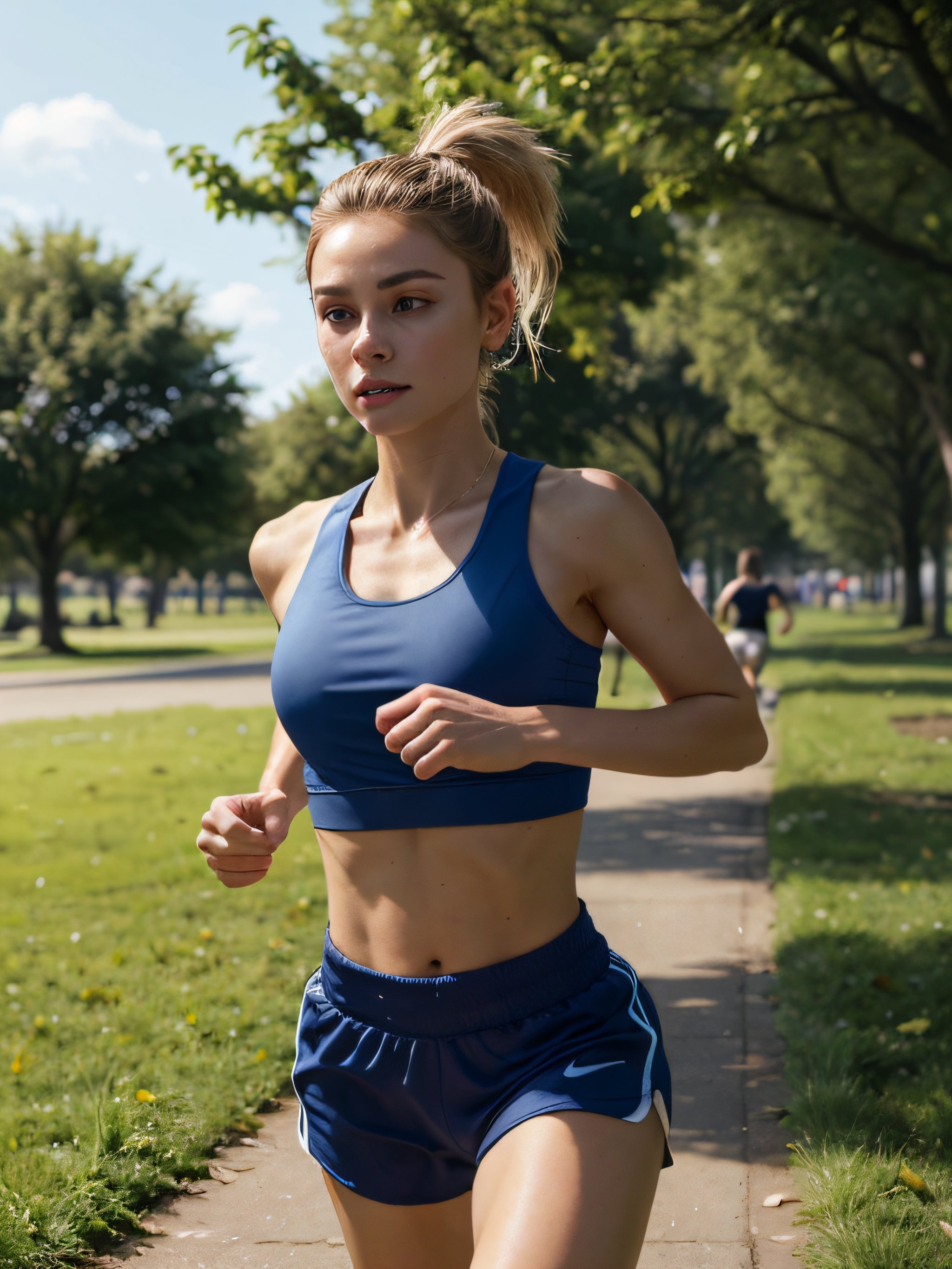 photorealistic 21-year-old female influencer with blue eyes and perfect blonde hair tied in a high ponytail. She is jogging in a park, wearing athletic wear suitable for jogging. The photo captures her full body, including legs, in motion. Other park visitors are seen in the background, enjoying the outdoors and greenery." also focus on the deatil quailty of focus detal on eyes focus on hair focus deail environment focus detail on sky focus detal on body detail on face focus detail skin tone focus detal on background focus detail on nose focus detail on mounth focus deatail on lips remove all low quailty remove all generated features remove glitches raise the quailty to 8k HDD