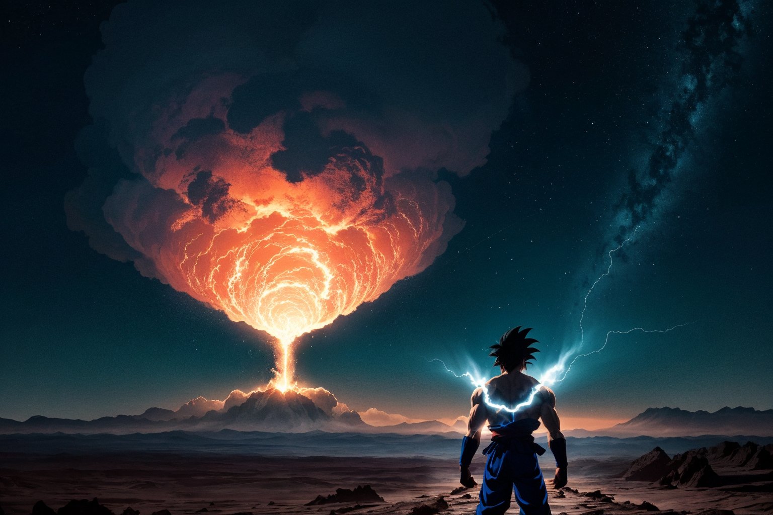 A dynamic, photorealistic depiction of Goku, radiating energy with a determined gaze, as he confronts Frieza on Planet Namek. The sky above is a deep crimson, with wispy clouds like cotton candy, and the terrain stretches out in a desolate, barren landscape. Lighting casts dramatic shadows on Goku's powerful physique, while Frieza's icy aura glows menacingly.