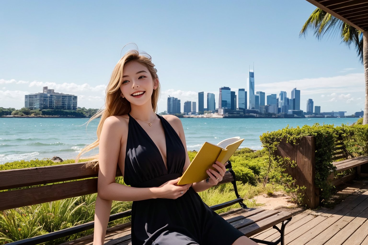 A stunning 23-year-old woman with piercing baby blue eyes and well-proportioned facial features poses against a cityscape backdrop, framed by sleek skyscrapers. Her consistent blonde long hair flows effortlessly, accentuating her flawless face under warm streetlights. In another scene, she walks barefoot on a sun-kissed beach at sunset, her flowing locks blowing gently in the ocean breeze. Next, she stands amidst lush forest foliage, her golden tresses entwining with branches as she gazes serenely into the distance. She lounges on a park bench, reads a book, and laughs with friends; confidently strides through a boardroom; playfully dances on a city street; leans in for a romantic kiss; takes a selfie with her phone; gets married; enjoys a night out at a bar; and reminisces about her childhood, all while maintaining her iconic blonde hair and adapting facial expressions to each setting.