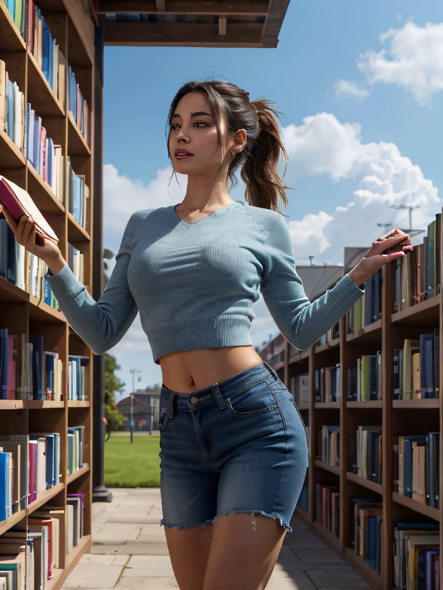 A photorealistic 21-year-old female influencer with blue eyes and perfect blonde hair tied in a high ponytail. She is standing in a library, wearing a smart casual outfit appropriate for a library setting. The photo captures her full body, including legs, reaching for a book on a high shelf. Other library patrons are browsing books in the background." focus dettail on face deatail on clothes detail on body detail in the environment,realistic remove bad quailty and replace it with high wuailty ffocus all detail on hands focus detail on feet focus detail body focus all detail on focus all detal on shadow focus all detail on ears focus deal on hair focus all deatail on textures focus detail sun rays fous all detail on reay traced on envirmonment focus all detail on vehicles remove on background blur completely fockus detal on sky focus all detail on clothes focus all detail on accessories focus all detail on buildings and house focus all detail on grass put way more detail in to face put way more detail in to eyes put way more detail in to lips put way more detail in to mouth put way more detail intoroads put way more detail in to vehicles put way more detail into sky put way more detail into clouds remove alll gltiches and bugs remove all texture issues fix eyes remove texture pop out