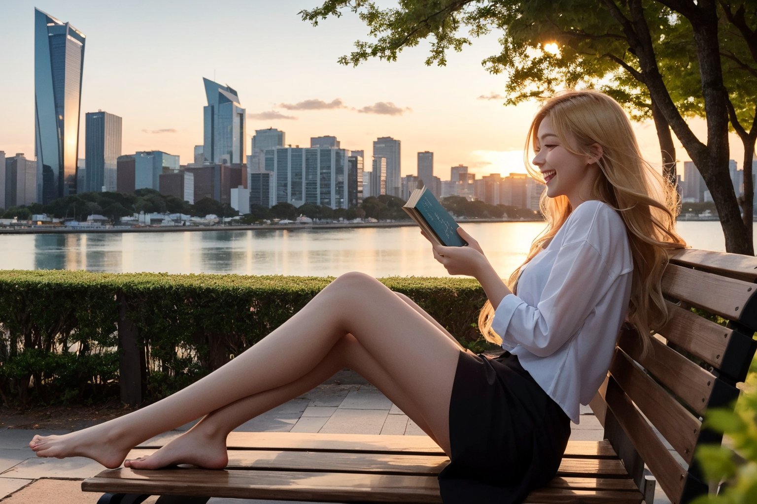 A stunning 23-year-old woman with piercing baby blue eyes and well-proportioned facial features poses against a cityscape backdrop, framed by sleek skyscrapers. Her consistent blonde long hair flows effortlessly, accentuating her flawless face under warm streetlights. In another scene, she walks barefoot on a sun-kissed beach at sunset, her flowing locks blowing gently in the ocean breeze. Next, she stands amidst lush forest foliage, her golden tresses entwining with branches as she gazes serenely into the distance. She lounges on a park bench, reads a book, and laughs with friends; confidently strides through a boardroom; playfully dances on a city street; leans in for a romantic kiss; takes a selfie with her phone; gets married; enjoys a night out at a bar; and reminisces about her childhood, all while maintaining her iconic blonde hair and adapting facial expressions to each setting.