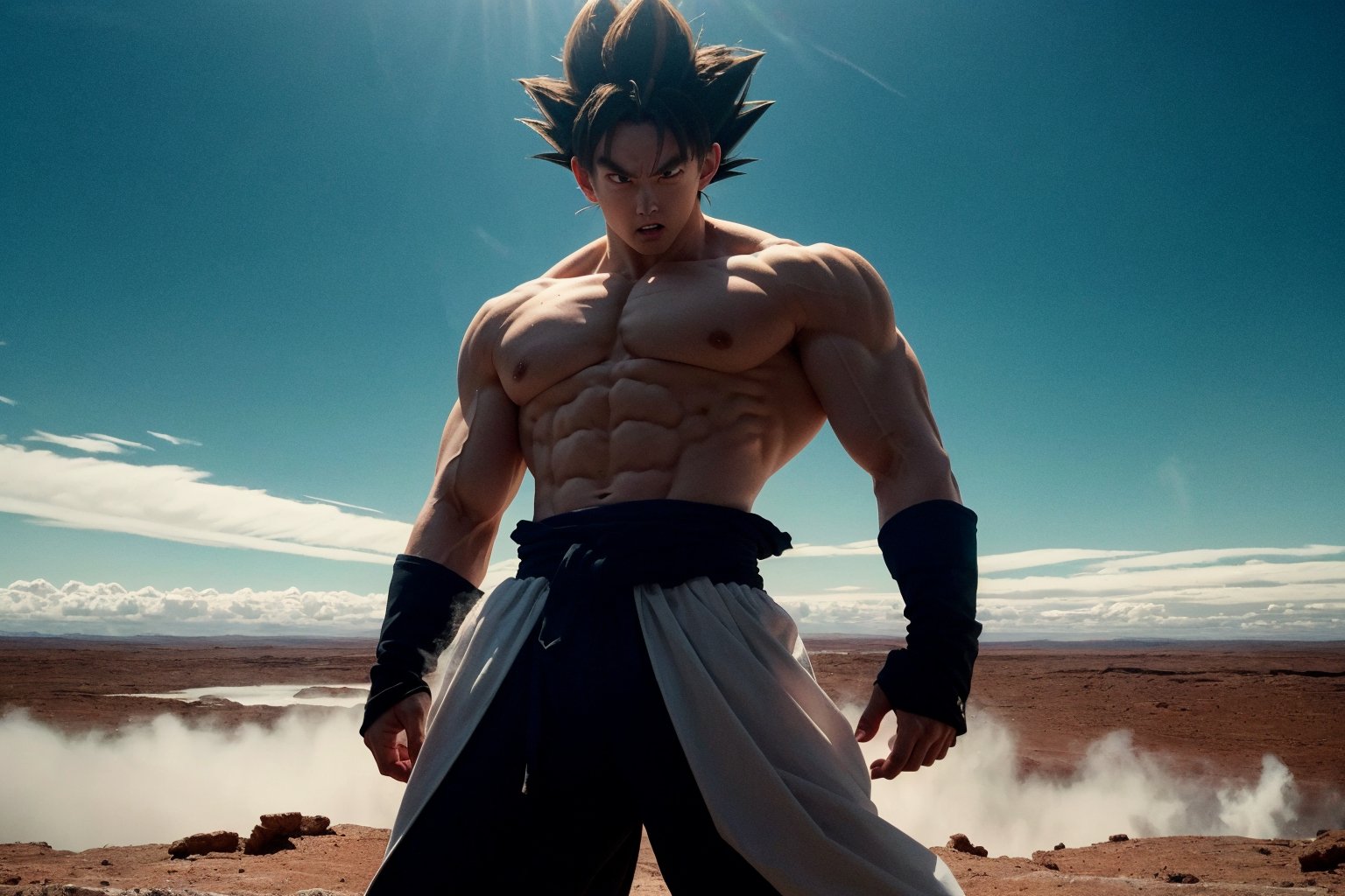 A dynamic, photorealistic depiction of Goku, radiating energy with a determined gaze, as he confronts Frieza on Planet Namek. The sky above is a deep crimson, with wispy clouds like cotton candy, and the terrain stretches out in a desolate, barren landscape. Lighting casts dramatic shadows on Goku's powerful physique, while Frieza's icy aura glows menacingly.