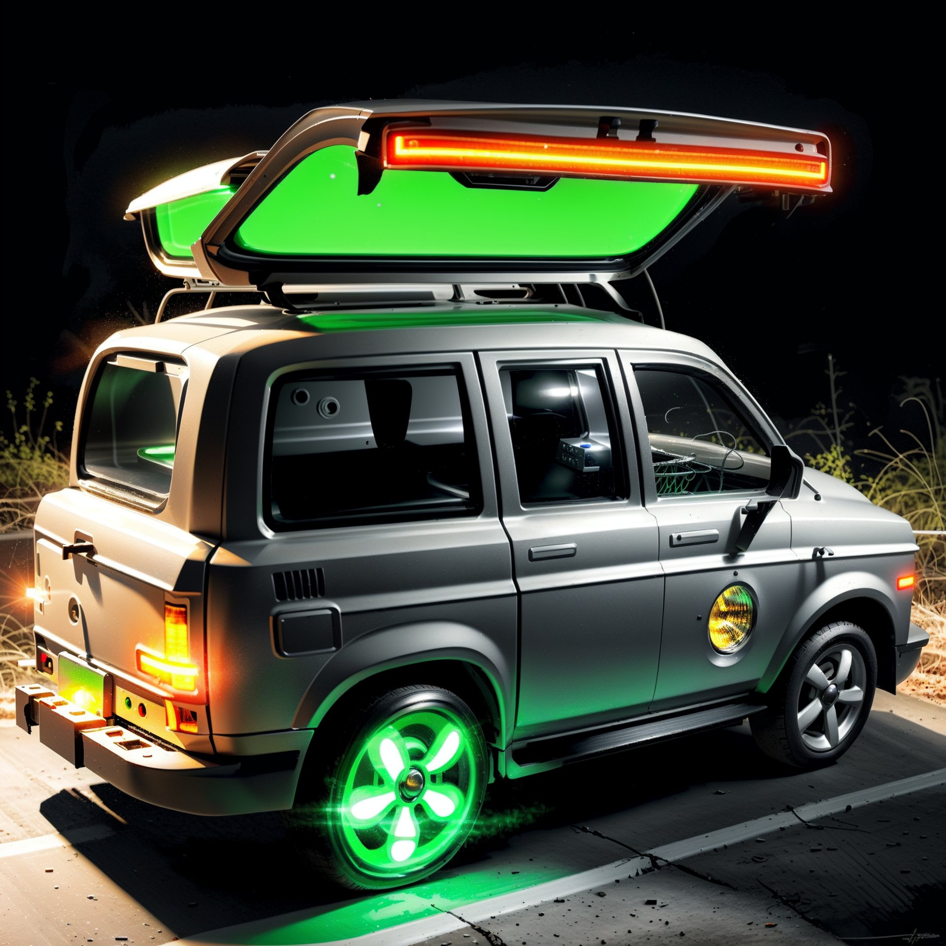 photorealistic microwave car car with scary glowing flashing lights  made of metal with green lights coloring
